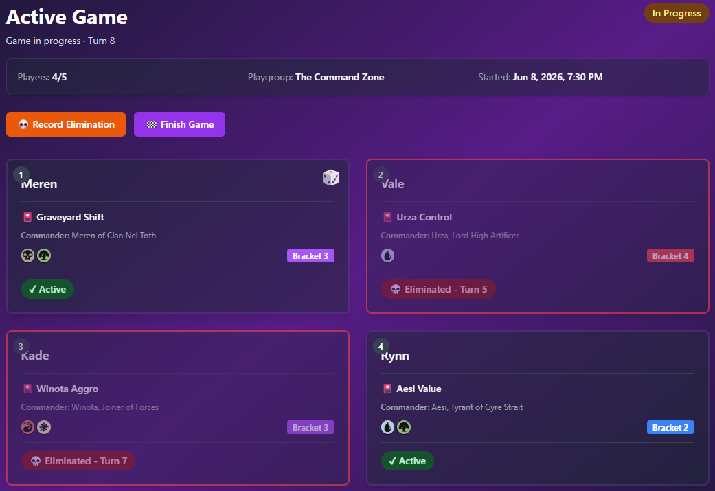 Active game view with four players, eliminations, and deck details