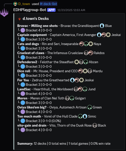 Discord deck list command showing registered commander decks