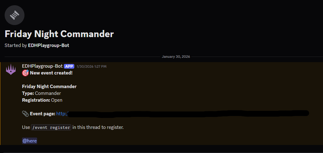 Discord event thread showing tournament registration and round announcements
