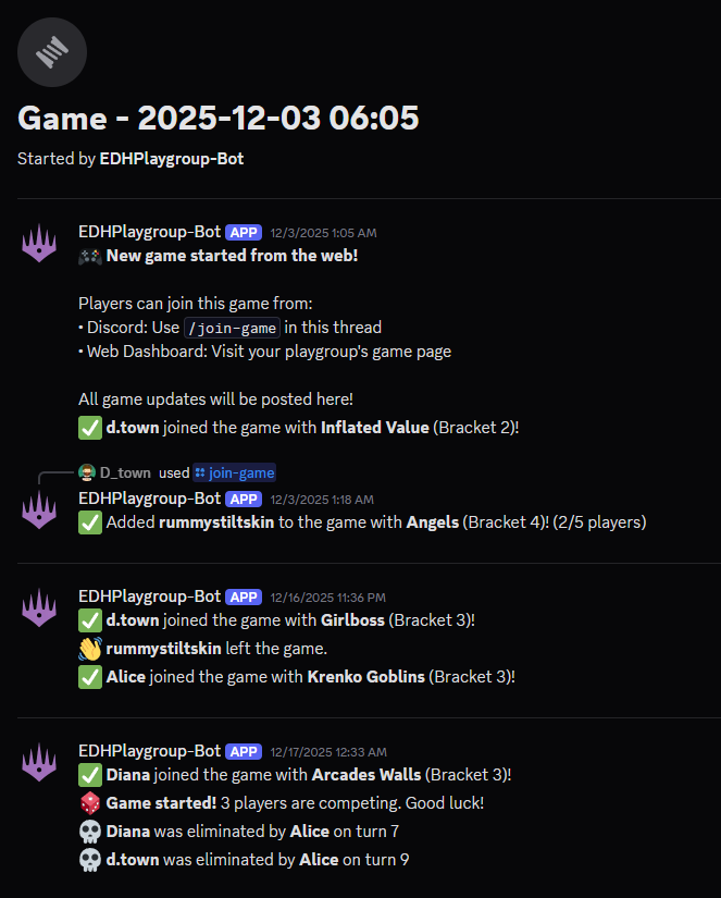 Discord game thread showing joins, eliminations, and game progress